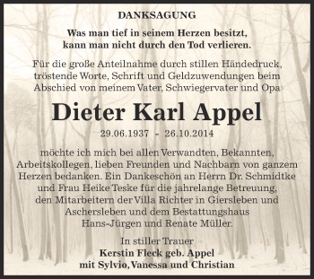 Traueranzeige von Dieter Karl Appel von Super Sonntag Aschersleben