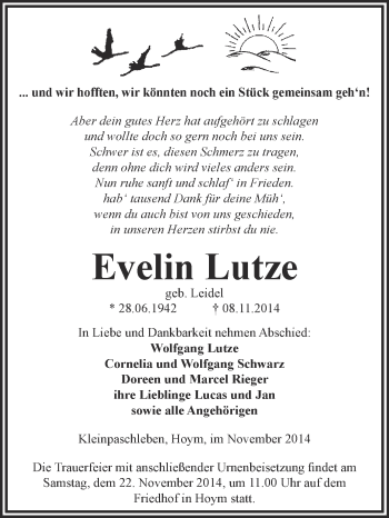 Traueranzeige von Evelin Lutze von Super Sonntag Aschersleben