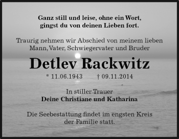 Traueranzeige von Detlev Rackwitz von WVG - Wochenspiegel Dessau / Köthen
