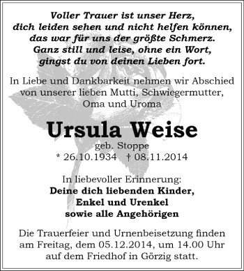 Traueranzeige von Ursula Weise von WVG - Wochenspiegel Dessau / Köthen