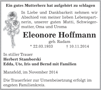 Traueranzeige von Eleonore Hoffmann von Super Sonntag SGH Mansf. Land