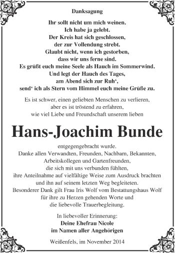 Traueranzeige von Hans-Joachim Bunde von WVG - Wochenspiegel NMB / WSF / ZTZ