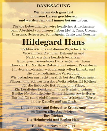 Traueranzeige von Hildegard Hans von WVG - Wochenspiegel Dessau / Köthen