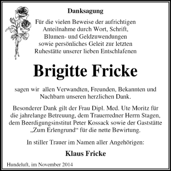 Traueranzeige von Brigitte Fricke von WVG - Wochenspiegel Dessau / Köthen
