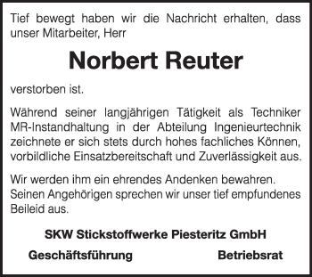 Traueranzeige von Norbert Reuter von Super Sonntag Wittenberg
