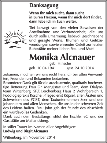 Traueranzeige von Monika Alcnauer von WVG - Wochenspiegel Wittenberg