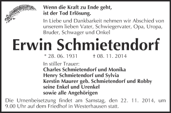 Traueranzeige von Erwin Schmietendorf von Super Sonntag Quedlinburg