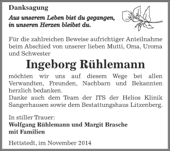 Traueranzeige von Ingeborg Rühlemann von Wochenspiegel Mansfelder Land