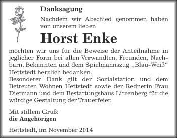 Traueranzeige von Horst Enke von Wochenspiegel Mansfelder Land