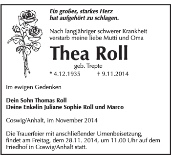 Traueranzeige von Thea Roll von Super Sonntag Wittenberg