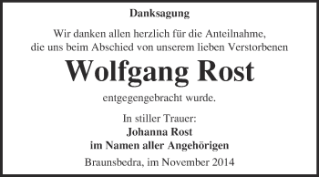 Traueranzeige von Wolfgang Rost von WVG - Wochenspiegel Merseburg
