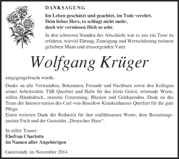 Traueranzeige von Wolfgang Krüger von WVG - Wochenspiegel Merseburg