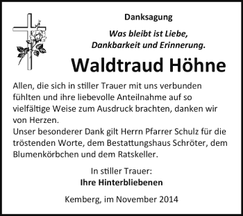 Traueranzeige von Waltraud Höhne von Super Sonntag Wittenberg