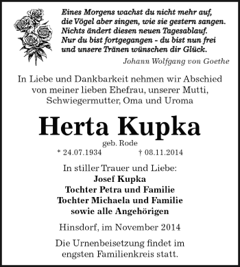 Traueranzeige von Herta Kupka von WVG - Wochenspiegel Dessau / Köthen