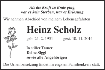 Traueranzeige von Heinz Scholz von WochenSpiegel