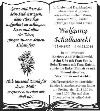 Traueranzeige von Wolfgang Schalkowski von Super Sonntag Bernburg