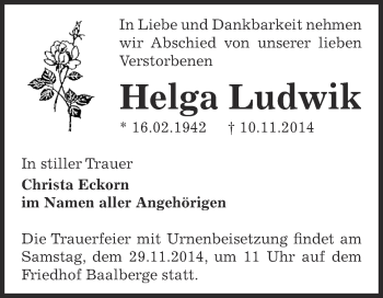 Traueranzeige von Helga Ludwik von Super Sonntag Bernburg