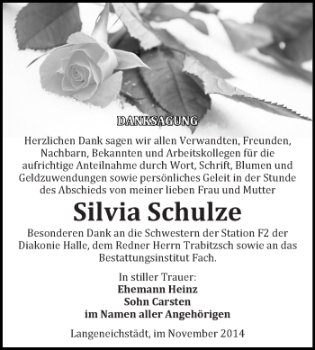 Traueranzeige von Silvia Schulze von WVG - Wochenspiegel Merseburg