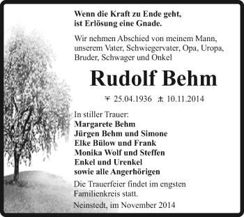 Traueranzeige von Rudolf Behm von Super Sonntag Quedlinburg