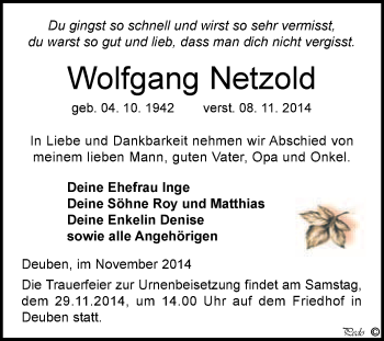 Traueranzeige von Wolfgang Netzold von WVG - Wochenspiegel NMB / WSF / ZTZ