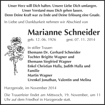 Traueranzeige von Marianne Schneider von Super Sonntag Quedlinburg
