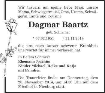 Traueranzeige von Dagmar Baartz von Super Sonntag Bernburg