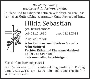 Traueranzeige von Hilda Sebastian von WVG - Wochenspiegel Merseburg