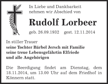 Traueranzeige von Rudolf Lorbeer von Super Sonntag Bernburg