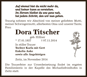 Traueranzeige von Dora Titscher von Super Sonntag Zeitz