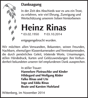 Traueranzeige von Heinz Rinas von WVG - Wochenspiegel Wittenberg