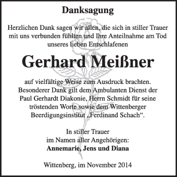 Traueranzeige von Gerhard Meißner von Super Sonntag Wittenberg