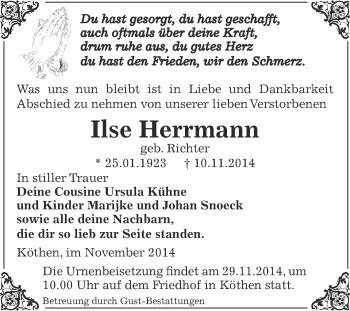 Traueranzeige von Ilse Herrmann von WVG - Wochenspiegel Dessau / Köthen