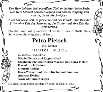 Traueranzeige von Petra Pietsch von WVG - Wochenspiegel Dessau / Köthen