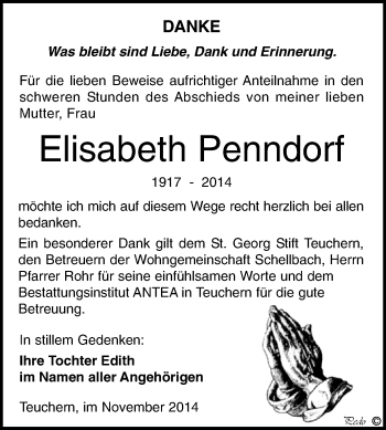 Traueranzeige von Elisabeth Penndorf von WVG - Wochenspiegel NMB / WSF / ZTZ