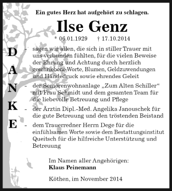 Traueranzeige von Ilse Genz von WVG - Wochenspiegel Dessau / Köthen