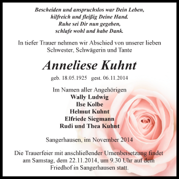 Traueranzeige von Anneliese Kuhnt von Super Sonntag SGH Mansf. Land