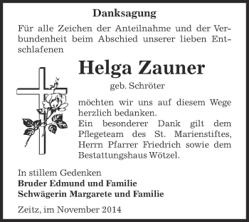 Traueranzeige von Helga Zauner von Super Sonntag Zeitz