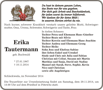 Traueranzeige von Erika Tautermann von Super Sonntag Zeitz