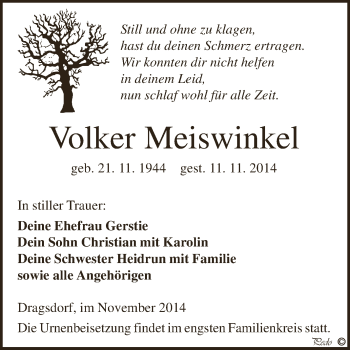 Traueranzeige von Volker Meiswinkel von Super Sonntag Zeitz