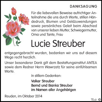 Traueranzeige von Lucie Streuber von Super Sonntag Zeitz