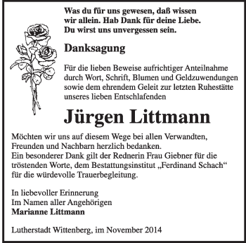 Traueranzeige von Jürgen Littmann von Super Sonntag Wittenberg