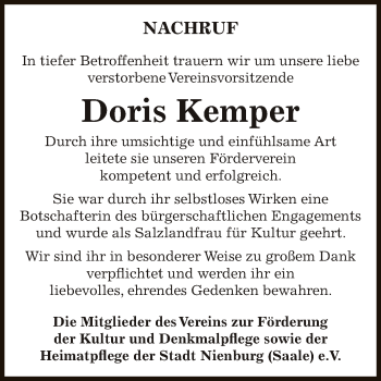Traueranzeige von Doris Kemper von Super Sonntag Bernburg