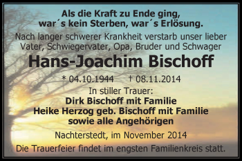 Traueranzeige von Hans-Joachim Bischoff von Super Sonntag Aschersleben