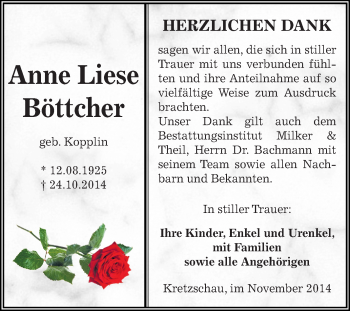 Traueranzeige von Anne Liese Böttcher von Super Sonntag Zeitz