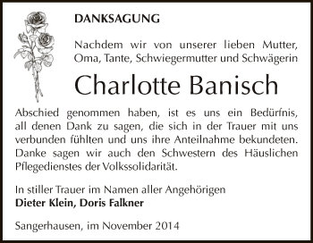 Traueranzeige von Charlotte Banisch von Super Sonntag SGH Mansf. Land