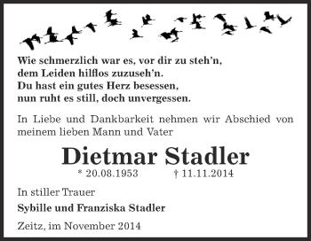 Traueranzeige von Dietmar Stadler von Super Sonntag Zeitz