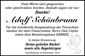 Traueranzeige von Adolf Schönbrunn von WVG - Wochenspiegel Quedlinburg