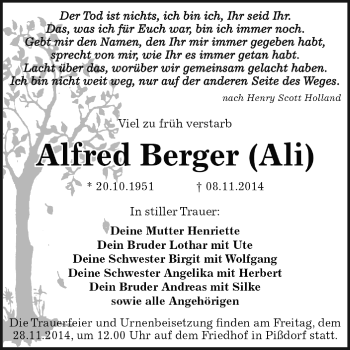 Traueranzeige von Alfred Berger von WVG - Wochenspiegel Dessau / Köthen
