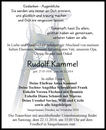 Traueranzeige von Rudolf Kammel von Super Sonntag SGH Mansf. Land