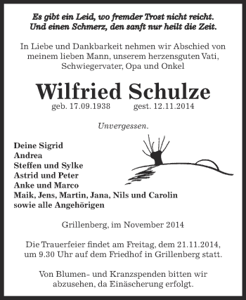 Traueranzeige von Wilfried Schulze von Super Sonntag SGH Mansf. Land